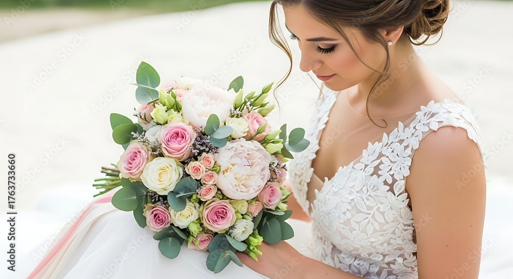 Naklejka premium Bride in White Lace Dress Holding Bouquet of Pink and White Roses Outdoors