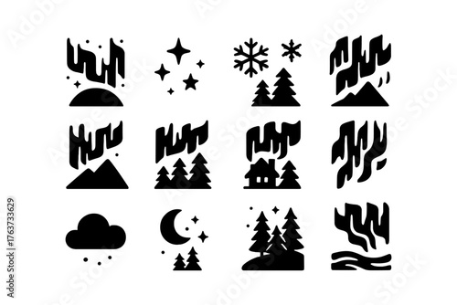 Minimalist nature icons: aurora, winter, night sky, trees, and mountains