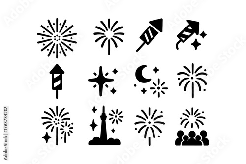 Festive celebration icons: black and white fireworks, rockets, stars, and skyline