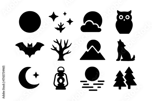 Silhouette icons of spooky night symbols featuring moon, owl, and more