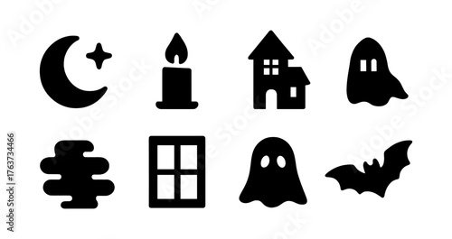 Spooky halloween icons set: moon, candle, haunted house, ghost, bat, and more