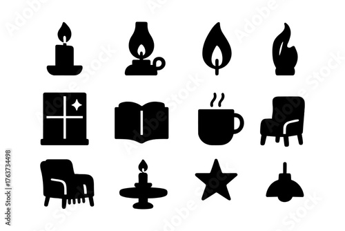 Cozy home icons: candle, lantern, fireplace, book, coffee, armchair, star, pendant lamp