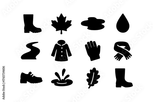 Autumn silhouette icons set: boots, leaves, raincoat, gloves, puddle