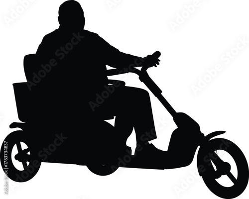 Silhouette of person riding mobility scooter with three wheels, black vector illustration for accessibility, independence, lifestyle, and assistive transport concept