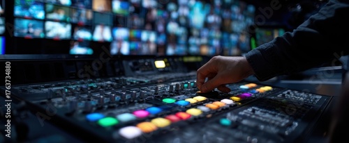 The Mixing Console in a Professional Broadcast Control Room with Colorful Buttons