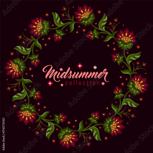 Bold dark floral wreath pattern, rich Renaissance colors red green gold, vector illustration