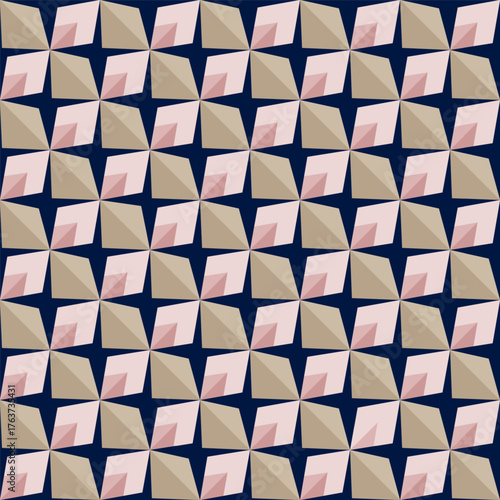 Geometric mosaic tessellation, seamless pinwheel tile pattern in beige and navy blue background, perfect for textiles, wallpaper, packaging, and large-scale prints
