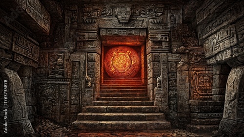 Ancient Temple Entrance with Glowing Aztec Calendar, Stone Carvings, and Mysterious Atmosphere