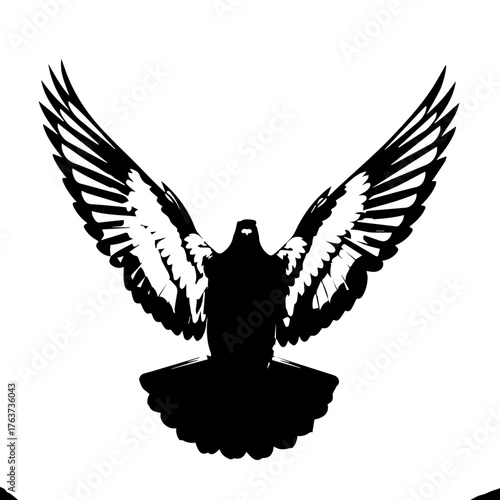 Dynamic Black Bird Wings Silhouette in Flight Over White Canvas, Illustrative Portrait from Front View