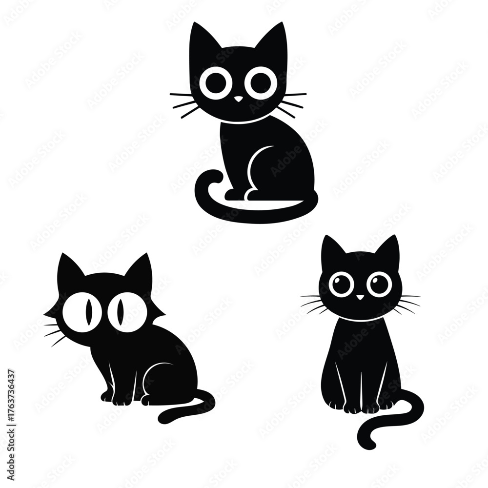Fototapeta premium Three black cartoon cats with large white eyes black cat