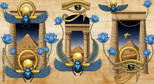 Egyptian Scarab Beetles and Pyramids in Ancient Art Design and Mystery