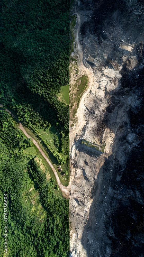 Fototapeta premium Contrasting Aerial of Green Land Versus Mine Waste