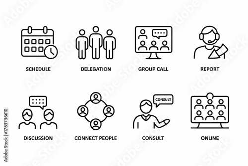 Collection of simple line icons illustrating common business and organizational tasks and concepts for presentations and training