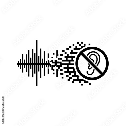 Minimalist Black-White Graphic Depicting Silence, Sound Wave, Ear, Prohibition, and Visual Silence in a Clean White Background