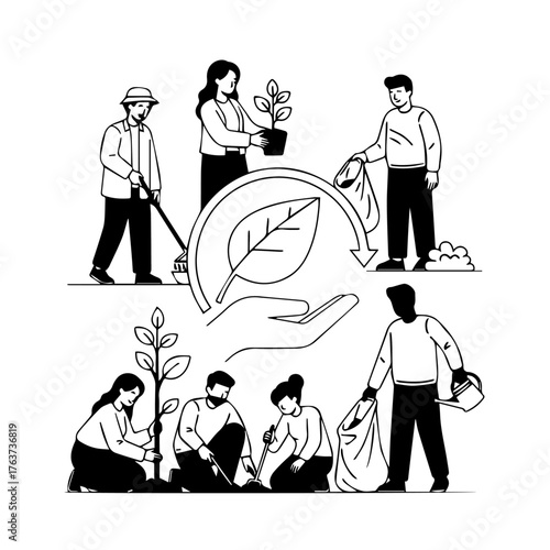 Community gardening teamwork illustration with five people tending soil, plants, and bags in a clean white background
