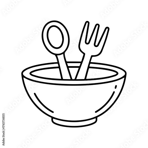 Line Drawing Icon Showcasing a Bowl, Spoon, and Fork Centered in a Clean White Background