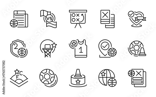 Football line icon set. Football, match, team, goals, ground, players, numbers, board, sports, flag, timer, out, costume, jersey, point, flag, star line icon set. UI thin line icon pack.