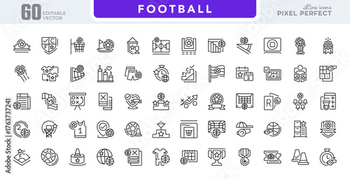 Football line icon set. Football, match, team, goals, ground, players, numbers, board, sports, flag, timer, out, costume, jersey, point, flag, star vector outline icons. Pixel-perfect editable stroke