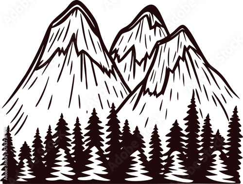 Hand drawn mountain landscape with evergreen trees vintage engraved natural scene in black and white