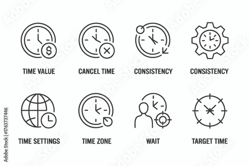 Time Management Vector Icon Set Including Concepts Like Time Value Cancel Time and Consistency for Business Applications