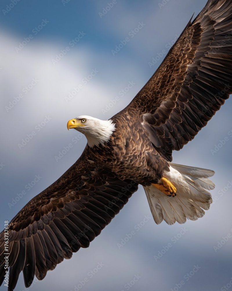 Fototapeta premium Majestic eagle soars against a serene sky, wings wide, capturing freedom.