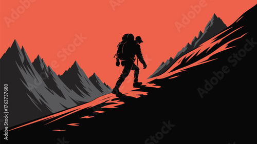 Inspiring silhouette of a hiker conquering a mountain peak, ideal for adventure, travel, and outdoor lifestyle brands looking for strong visuals
