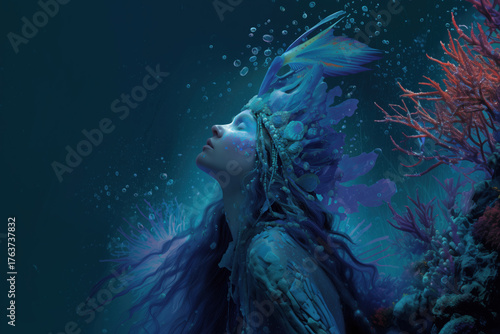 Young woman wearing elaborate aquatic headdress posing underwater surrounded by colorful coral and marine plants, tilting head upward with eyes closed