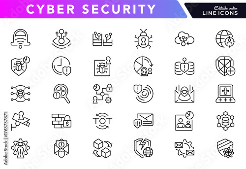 Cybersecurity line icon set. Network security, privacy, GDPR compliance, cyber threats, antivirus, bug, hacker attack, shield, lock, safety, safe line icon set. Ui thin line icon pack.