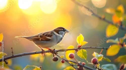Bird on Branch with Sunset.