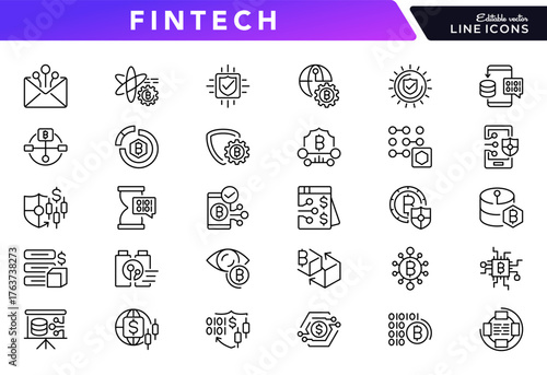 Fintech line icon set. Bitcoin, financial management, economy, currency, digital security, wallets, savings, investment vector line icons