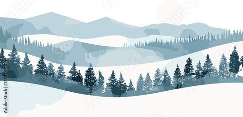 A serene winter landscape featuring rolling snowy hills, layered blue mountains, and dense pine forests under a pale sun.