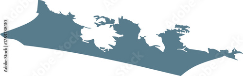 A solid silhouette map shape with jagged coastline edges and an irregular landform outline.
