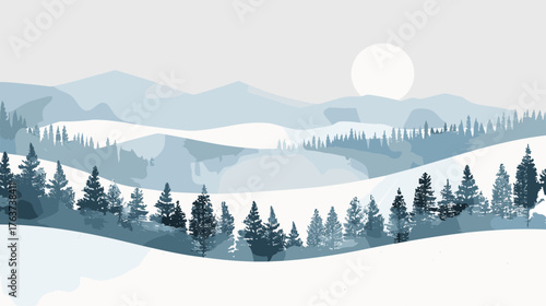 A serene winter landscape featuring rolling snowy hills, layered blue mountains, and dense pine forests under a pale sun.