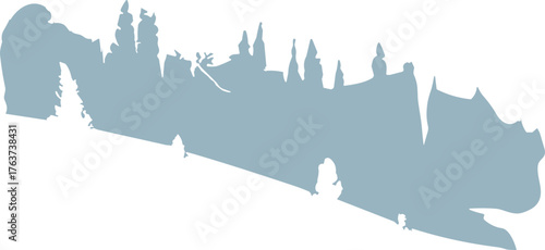 A long fairytale castle silhouette with tall spire towers arranged along a sloping landscape in a single solid color.