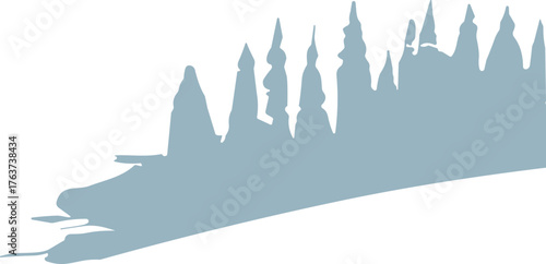 A long fairytale castle silhouette with tall spire towers arranged along a sloping landscape in a single solid color.