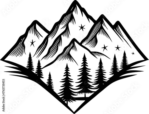 Hand drawn mountain landscape with pine trees and starry sky, vintage engraving illustration