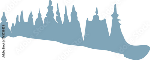 A whimsical castle silhouette with tall pointed spires arranged along a sloping landscape in a single flat color.