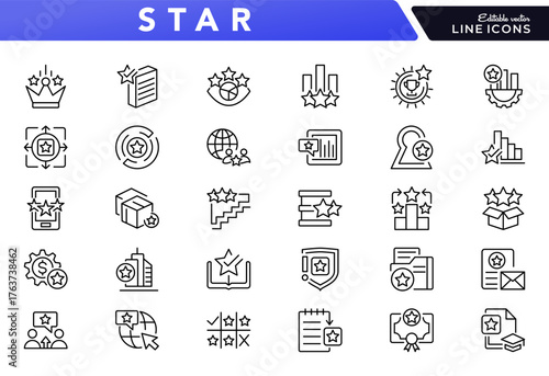Star line icon set. Firework, rating, like, dislike, customer experience, review, unicorn, winner, award, prize, incentive, certification, vector icons. Editable stroke