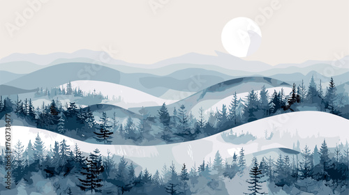 A peaceful winter landscape with layered snowy hills, dense pine forests, and a glowing moon in a soft, cool blue color palette.