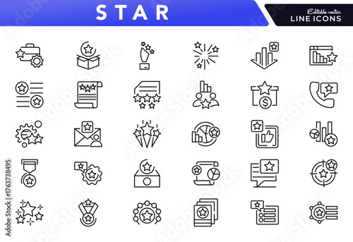 Star line icon set. Firework, rating, like, dislike, customer experience, review, unicorn, winner, award, prize, certification, vector icon collection