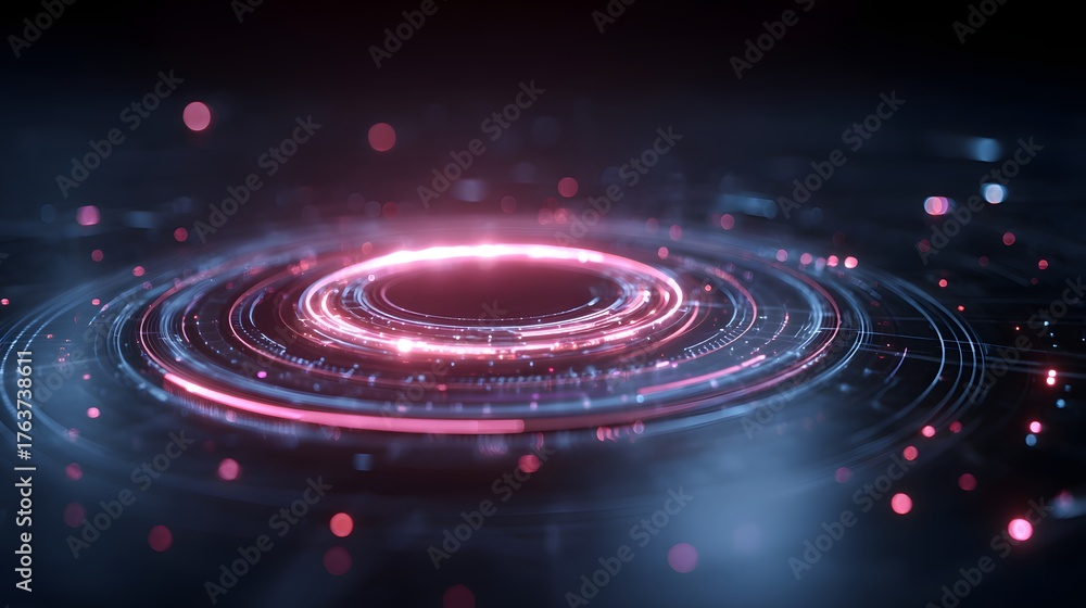 Fototapeta premium Concentric luminous rings of energy emanate from a central point in a dark digital space.