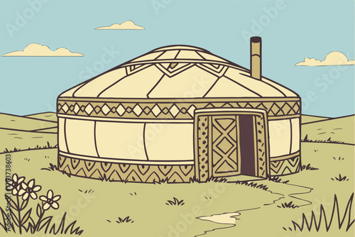 Steppe yurt illustration built with patterned felt walls in open plains in traditional areas.