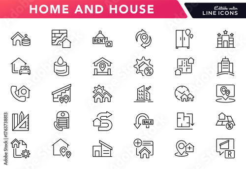 Home and House line icon set. Hotel, hospital, apartment, city, town house, real estate, construction, renovation vector outline icons. Editable stroke