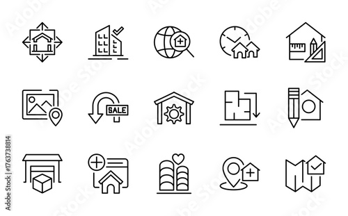 Home and House line icon set. Hotel, hospital, apartment, city, town house, mall, real estate, construction, home repair, renovation vector outline icons. Pixel-perfect editable stroke
