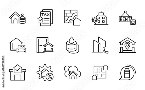 Home and House line icon set. Hotel, hospital, apartment, city, town house, mall, real estate, construction, home repair, renovation vector outline icons. Pixel-perfect editable stroke
