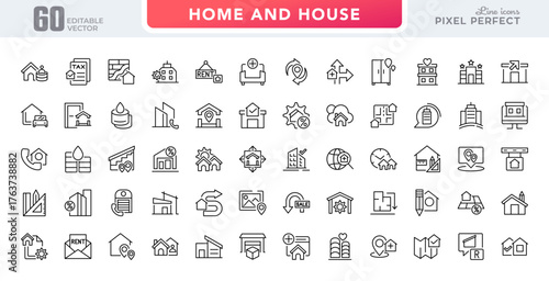 Home and House line icon set. Hotel, hospital, apartment, city, town house, mall, real estate, construction, home repair, renovation vector outline icons. Pixel-perfect editable stroke