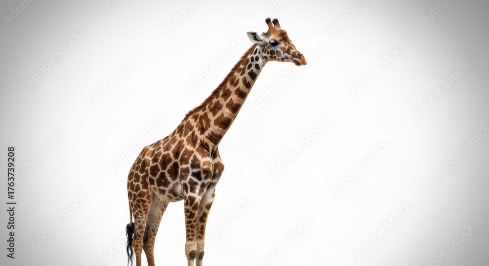 Obraz premium Giraffe isolated, tall, brown spots on cream. Blank background, right profile