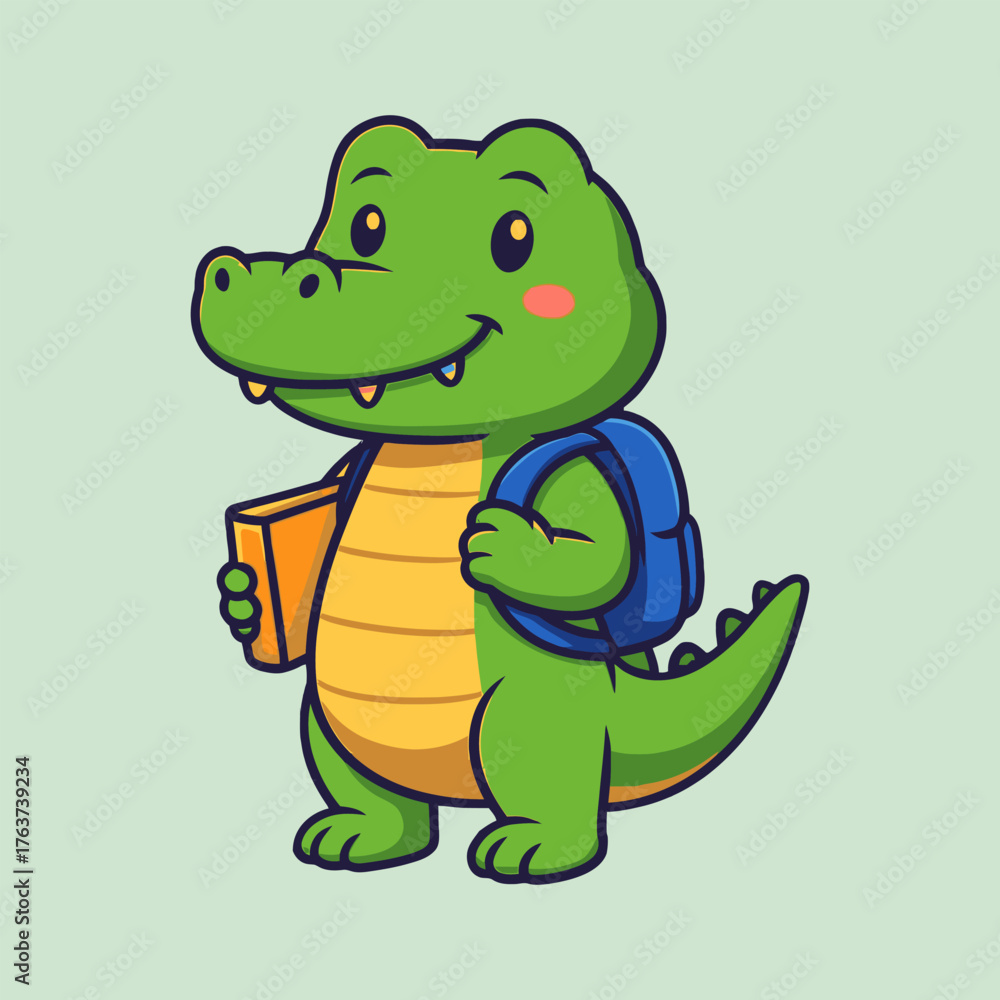 Naklejka premium Cartoon Crocodile Student with Backpack and Book