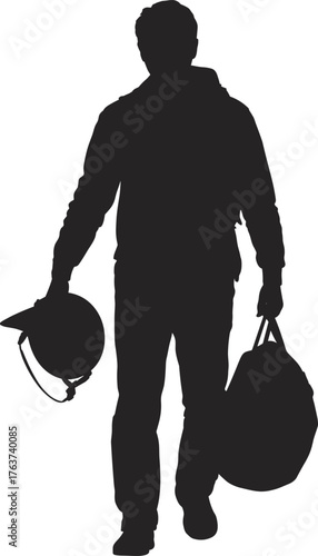 Silhouette of person walking with helmet and duffel bag, black vector illustration for work, travel, readiness, and lifestyle concept design