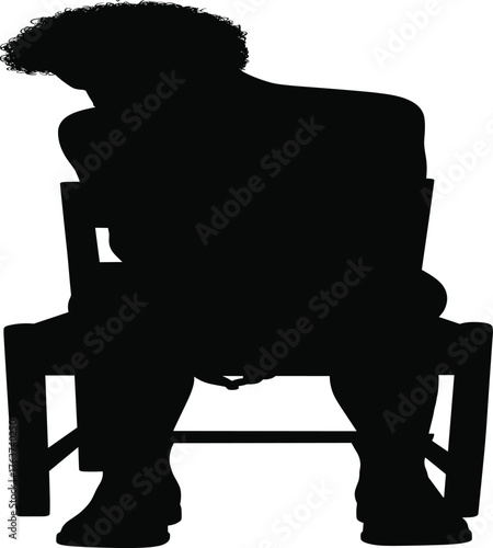 Silhouette of seated person leaning forward on chair with bowed head, curly hair, introspective posture, black vector illustration design